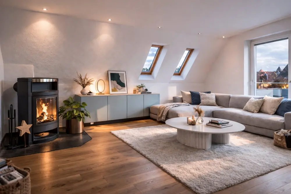 großzügiges Wohnzimmer mit Ausblick und Kamin